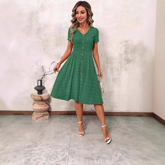 Damen Knielanges Kleid mit V-Ausschnitt und Knopfdetails EB