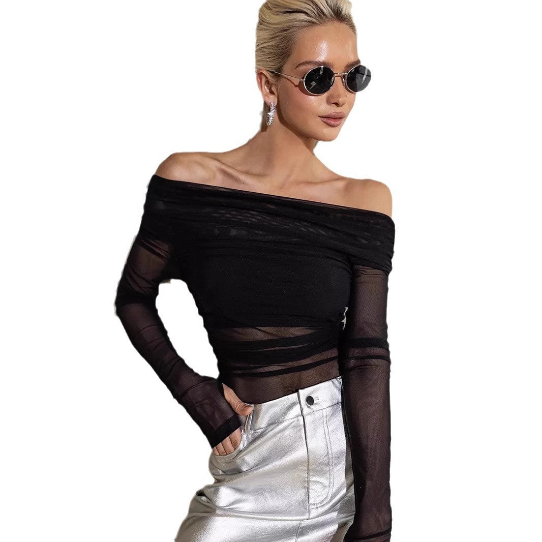 Damen Offshoulder Langarm-Top aus transparentem Netzmaterial EB