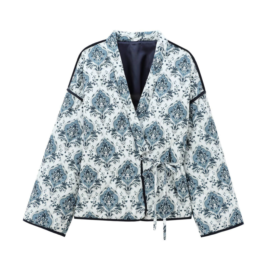 Damen modische Jacke mit floralem Muster und Bindegürtel EB