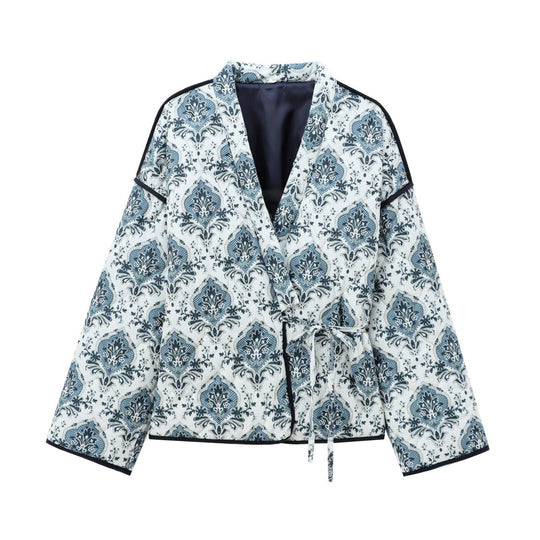 Damen modische Jacke mit floralem Muster und Bindegürtel EB