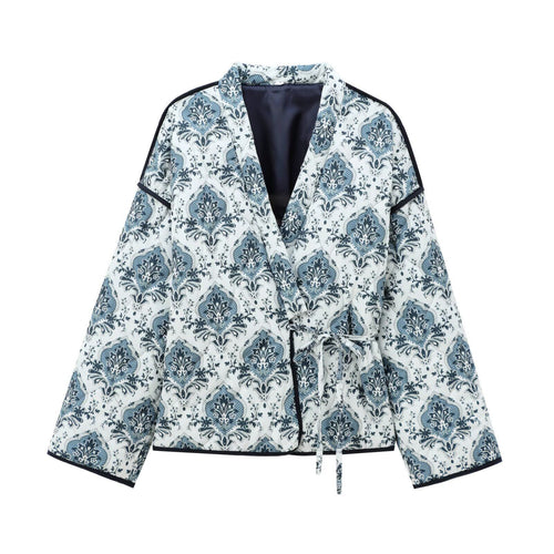 Damen modische Jacke mit floralem Muster und Bindegürtel EB