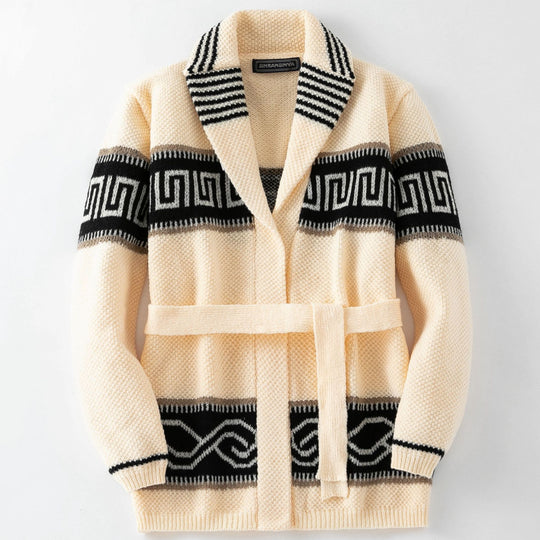 Damen Modische Strickjacke mit Gürtel und geometrischem Muster EB