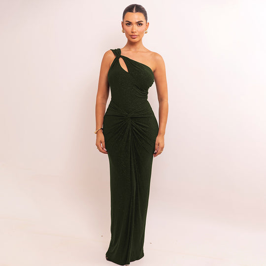 DamenElegantes langes Abendkleid mit asymmetrischem Ausschnitt und Wickeldetail EB