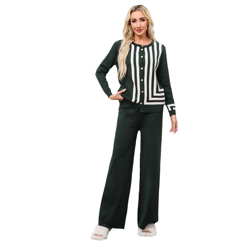 Damen elegantes Strick-Loungewear-Set mit grafischem Muster und Knopfdetaillierung EB