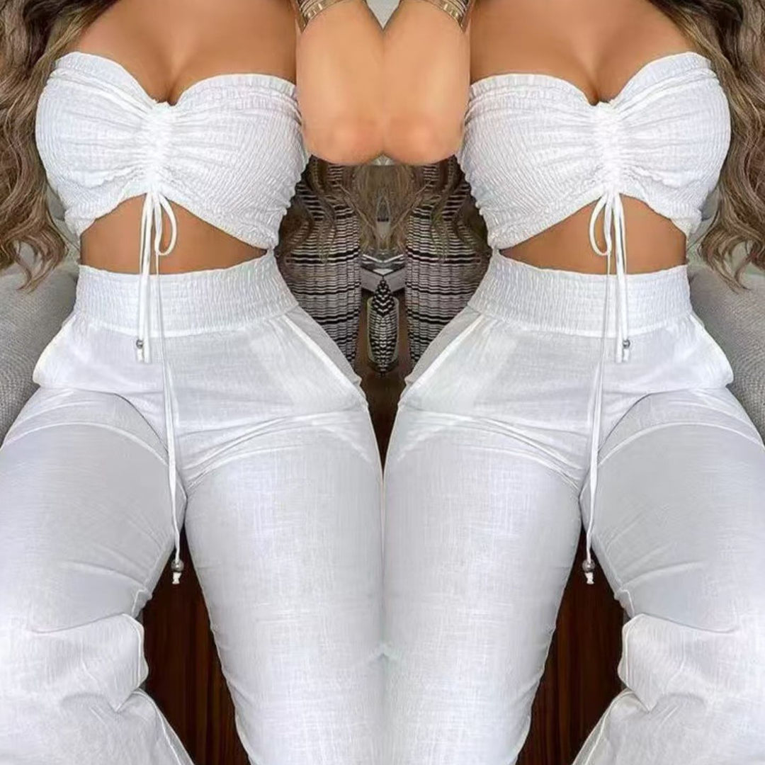 Damen Zweiteiliges Outfit aus leichtem Material mit verstellbarem Crop-Top und High-Waist-Hose EB