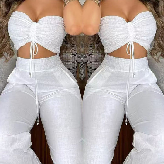 Damen Zweiteiliges Outfit aus leichtem Material mit verstellbarem Crop-Top und High-Waist-Hose EB