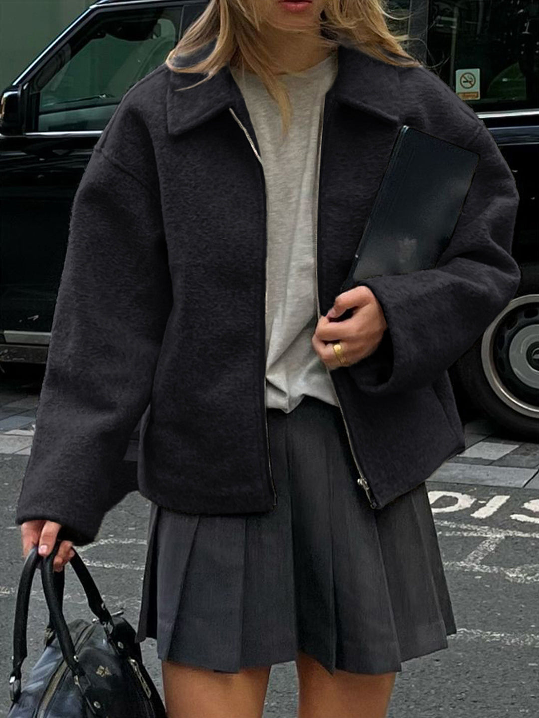 Damen nan kaschmirähnliche Wolljacke mit durchgehendem Reißverschluss, oversized Schnitt und Hemdkragen EB