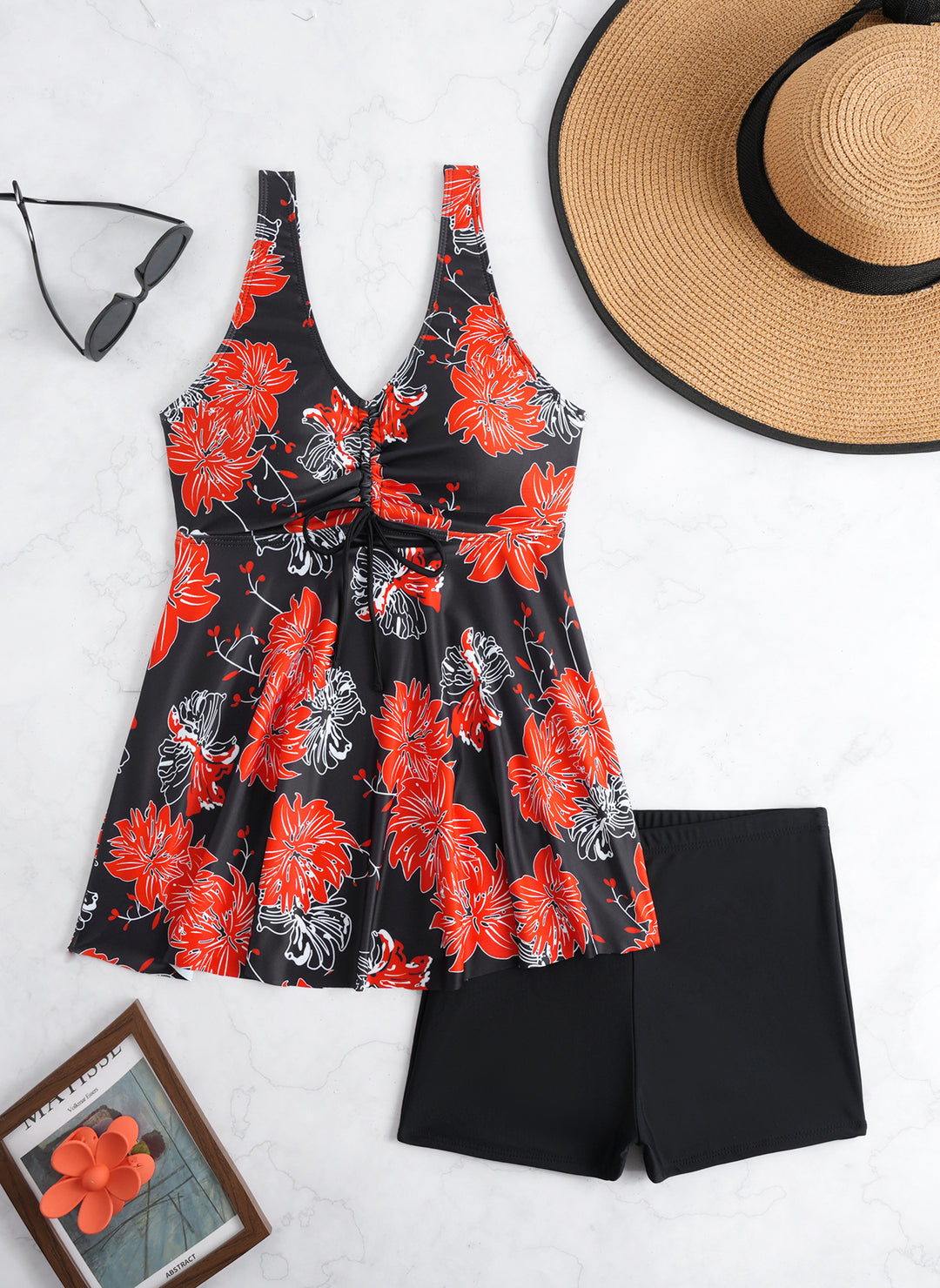 Damen Tankini-Set mit modischem Volant und grafischem Pfauenmuster EB