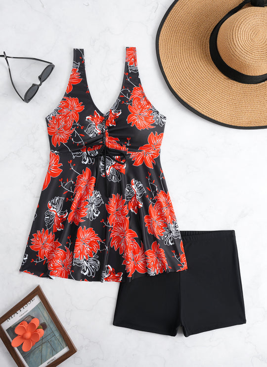 Damen Tankini-Set mit modischem Volant und grafischem Pfauenmuster EB
