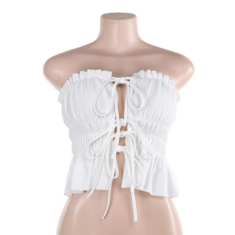 Damen Cropped Oberteil mit rüschengeschnittenem Saum und sexy Schnürung EB