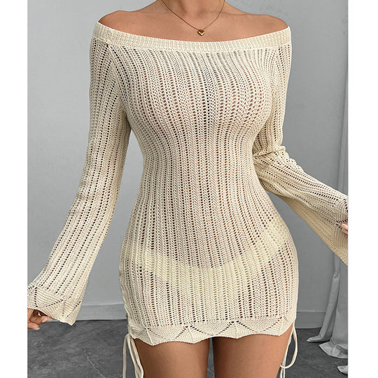 Damen Strickkleid im modernen Off-Shoulder Design mit weiten Ärmeln und Raffungen EB