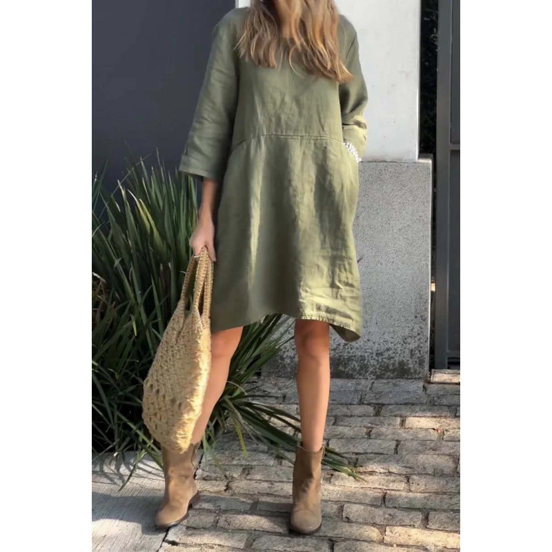EB | Lässiges einfarbiges Kleid aus Baumwolle mit Taschen