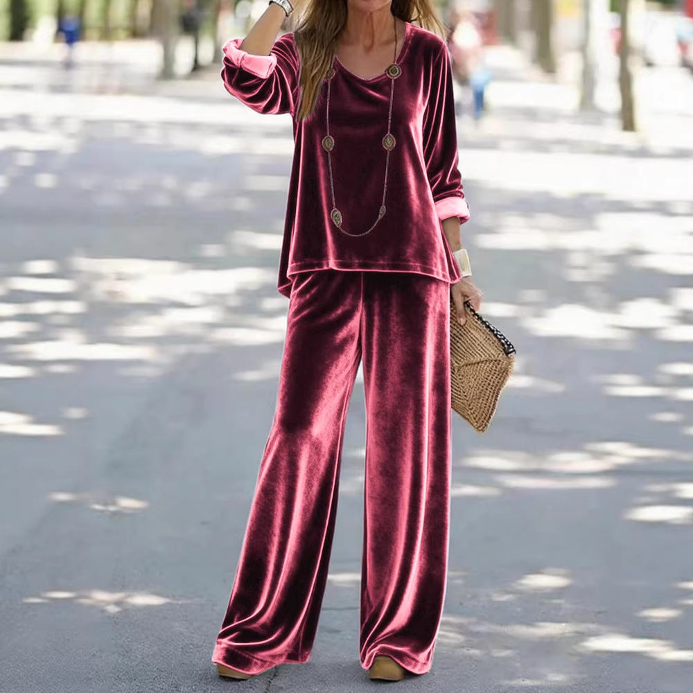 Damen Elegantes Samt-Zweiteiler Lounge-Set mit V-Ausschnitt und weitem Bein EB