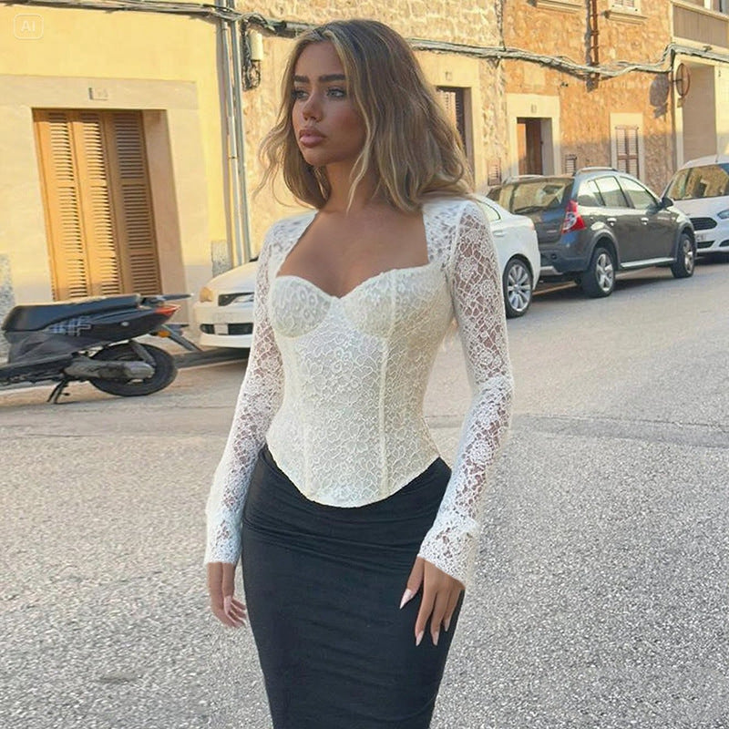 Damen elegante Spitzenbluse mit langem Arm und tailliertem Schnitt EB