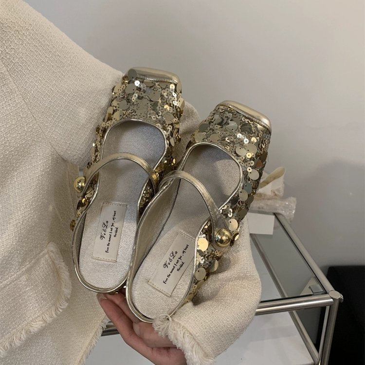 Damen festliche Plateau-Pumps mit glitzernden Pailletten und elegantem Riemchen EB