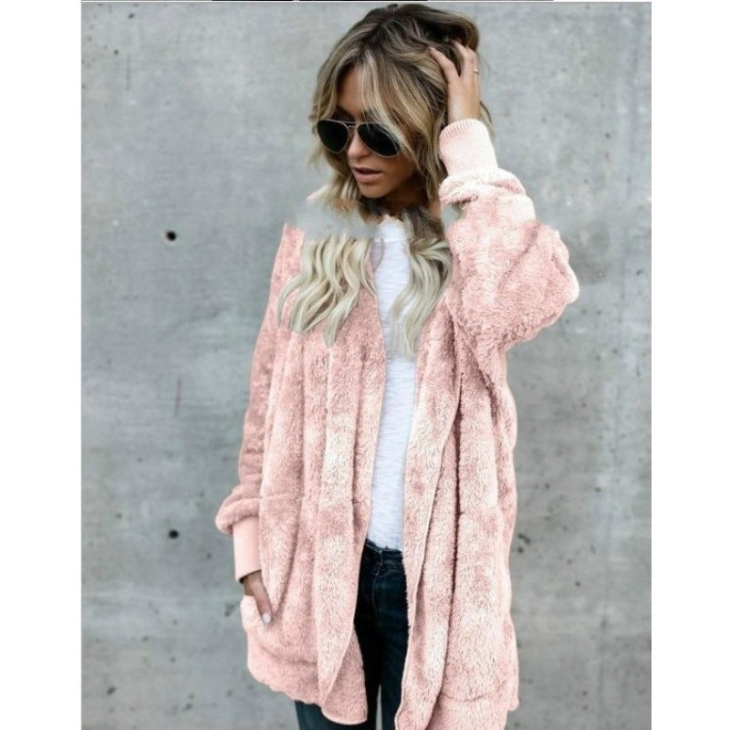 Damen Kuschelige Teddy‑Fleece‑Cardigan mit Kapuze, Oversize‑Schnitt und aufgesetzten Taschen EB