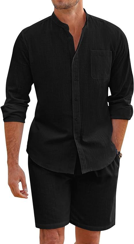 Herren nan Leinenoptik-Zweiteiler mit Stehkragen-Hemd, Brusttasche und legeren Shorts EB