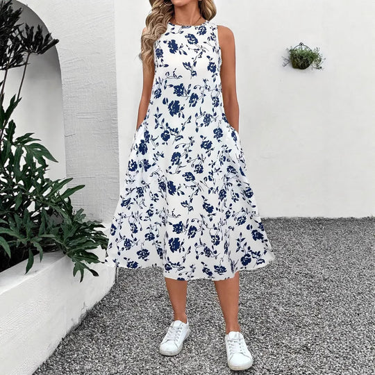 Damen Ärmelloses Maxikleid mit floralem Muster und praktischen Taschen EB