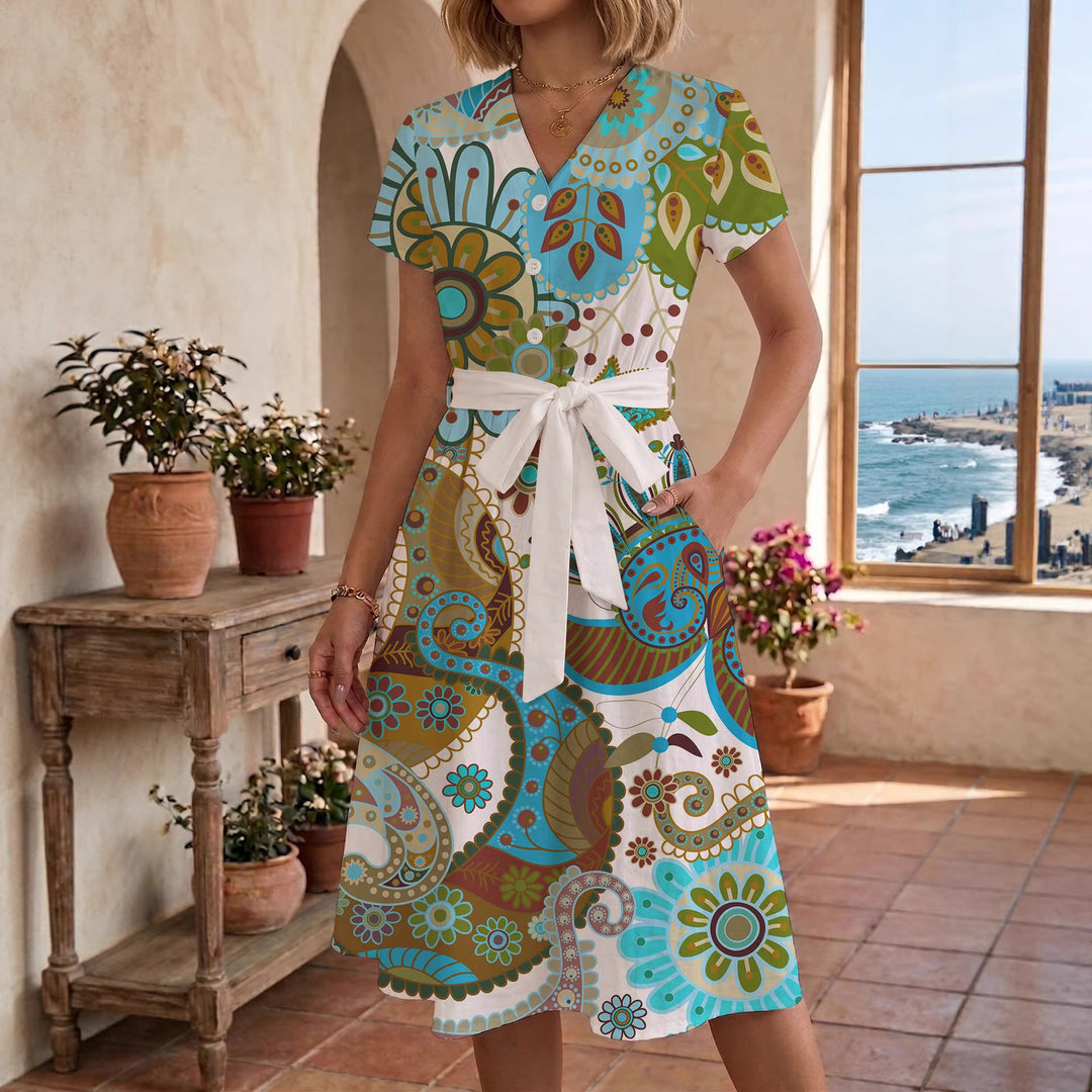 Damen Midikleid mit floralem Motiv und Taillengürtel EB