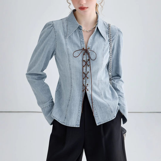 Damen Denim-Bluse mit historischem Schnürdetail und lässiger Passform EB