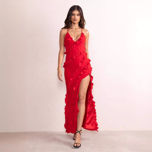 Damen Maxikleid mit voluminösen Rüschendetails und elegantem Beinschlitz EB