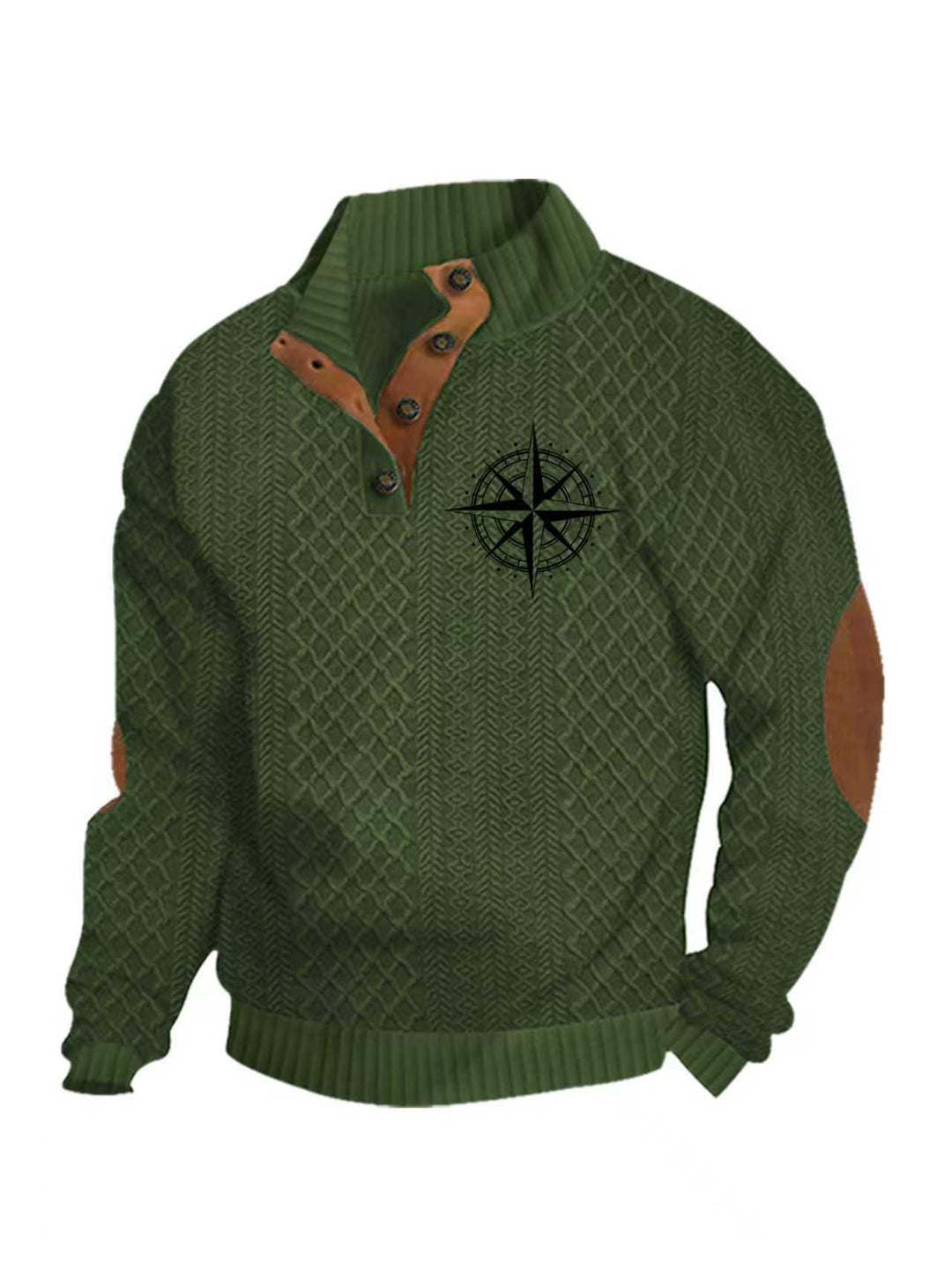 Herren nan Heritage-Strukturpullover mit Stehkragen Lederimitat-Besatz Ellenbogen-Patches und Halbknopfleiste EB
