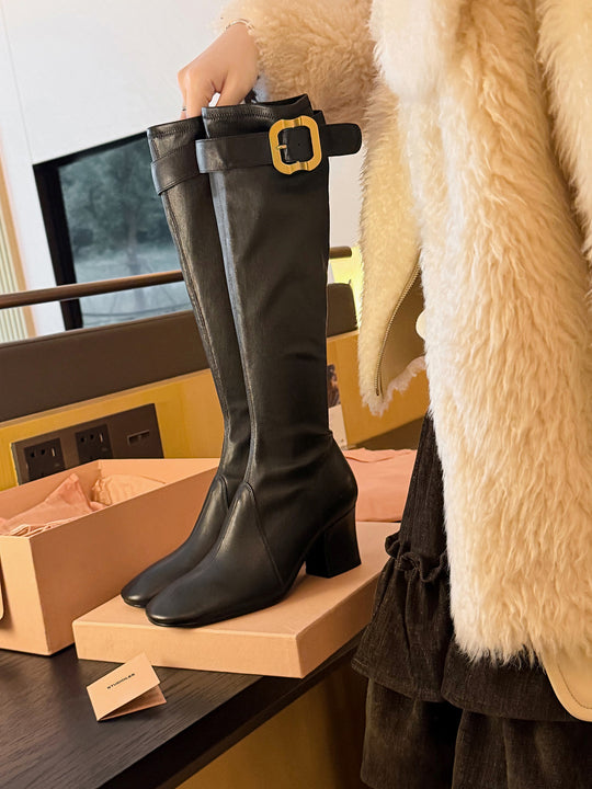Damen elegante Overknee-Stiefel mit dekorativem Schnallenverschluss und moderner Blockabsatz EB