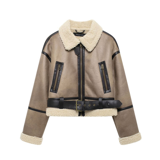 Damen Modische Übergangsjacke aus hochwertigem Kunstleder mit Teddyfell-Kragen und praktischen Taschen EB