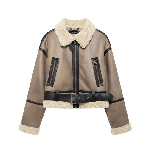 Damen Modische Übergangsjacke aus hochwertigem Kunstleder mit Teddyfell-Kragen und praktischen Taschen EB