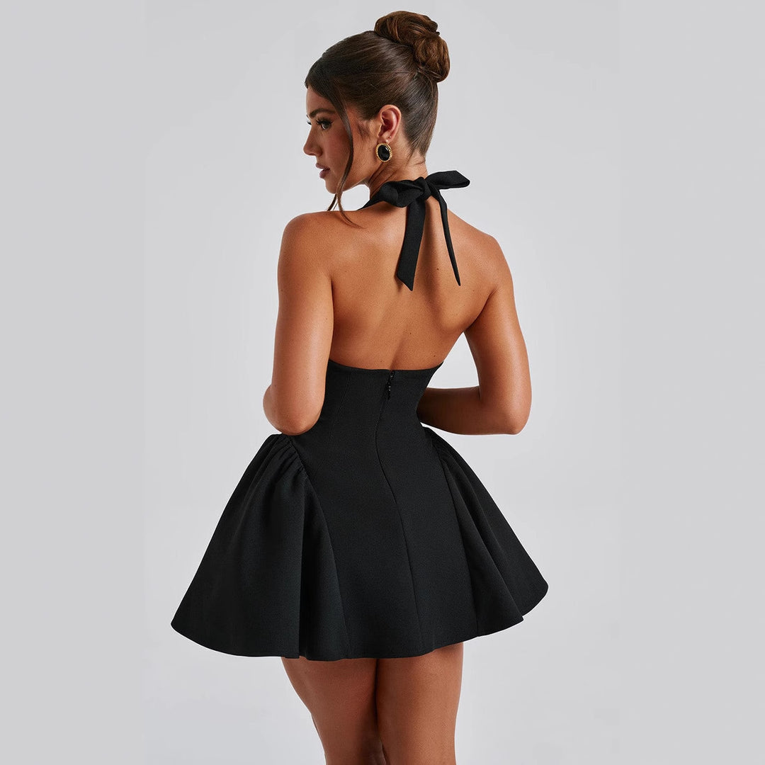 Damen Kurzkleid mit tiefem V-Ausschnitt und voluminösem Rock EB