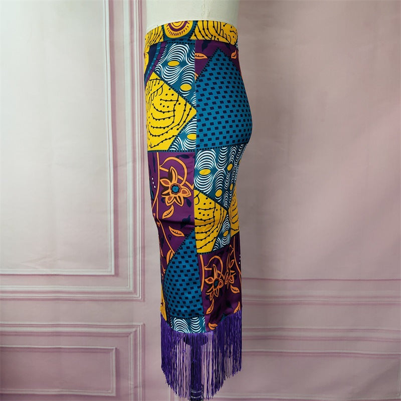 Damen eleganter Rock mit Fransen und außergewöhnlichem Print EB