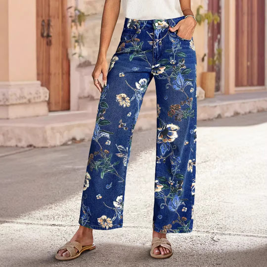 Damen Weit geschnittene Jeans mit floralem Druck und hohem Bund EB