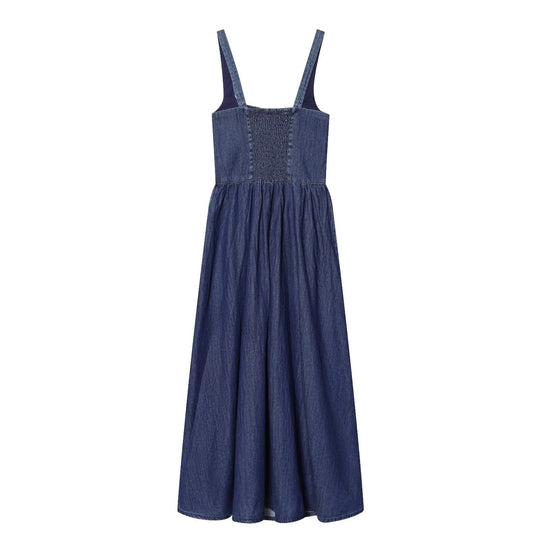 Damen Denim Maxikleid mit schwingendem Rock und verstellbaren Trägern EB