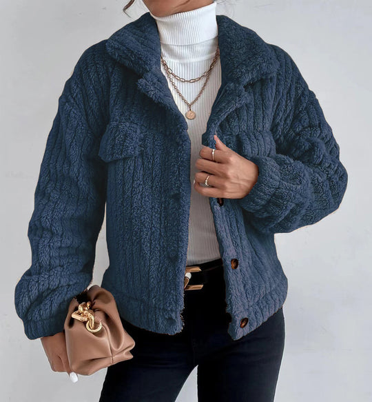 Damen nan kuschelige Teddyjacke mit Hemdkragen, Druckknopfverschluss und aufgesetzten Brusttaschen EB