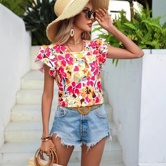 Damen modisches T-Shirt mit Rüschendetails und floralem Muster EB