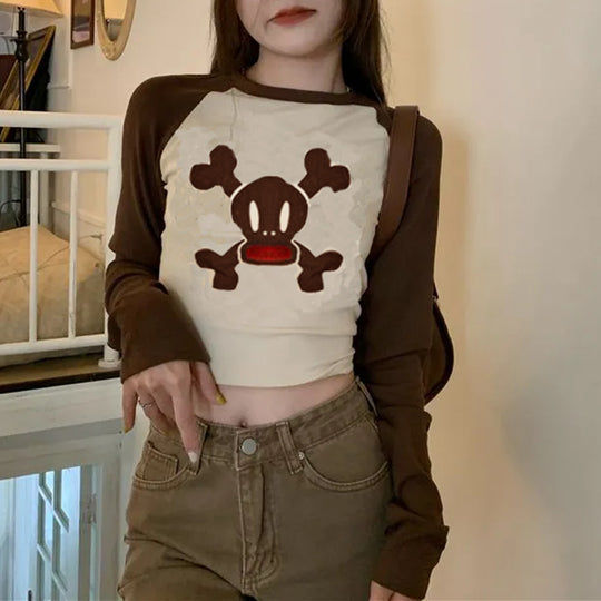 Damen trendiges Raglan-Crop-Top mit Totenkopf-Print EB