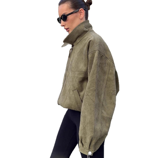 Damen Oversized Suede Jacke mit hohem Kragen und praktischen Taschen EB