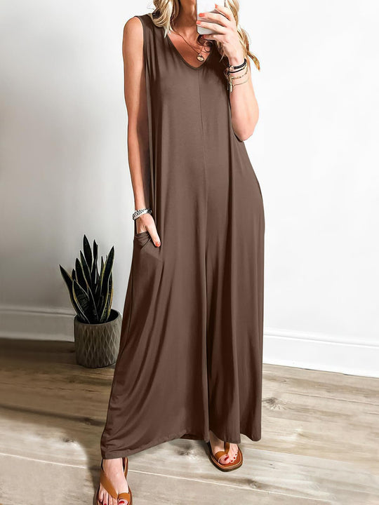 Damen Lockerer Jumpsuit mit tiefem V-Ausschnitt und seitlichen Taschen EB