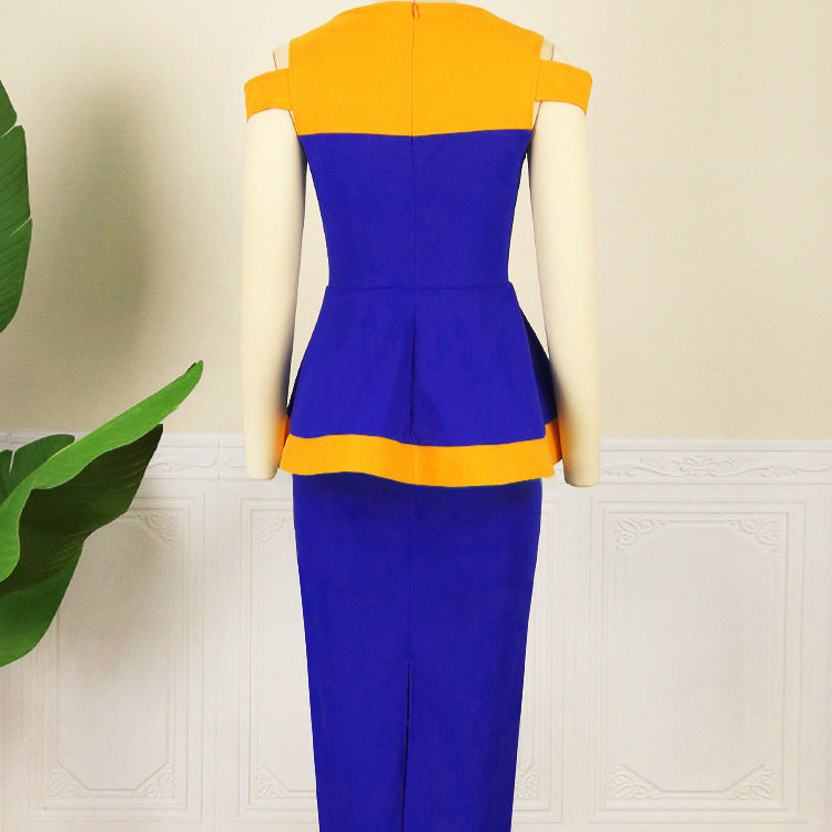 Damen figurbetontes Kleid mit modernem Farbschnitt und schickem Taillenband EB