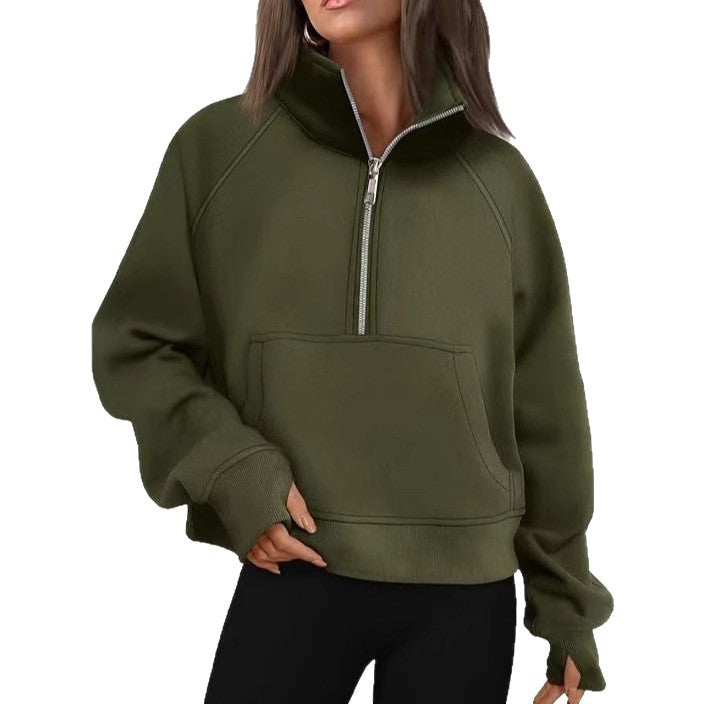 Damen nan kurzer Halfzip-Sweater mit hohem Stehkragen, Kängurutasche und verlängerten Daumenlöchern EB