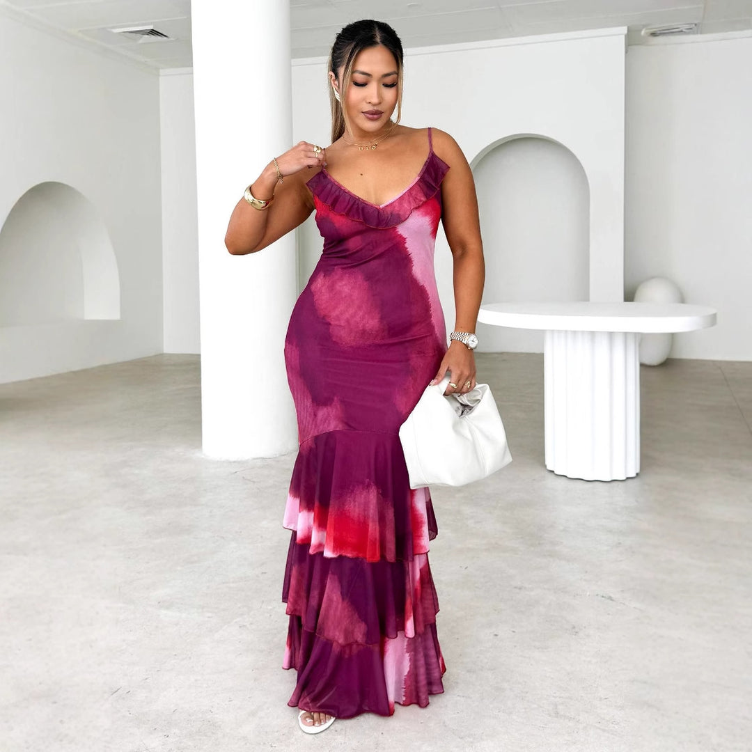 Damen Maxikleid mit eleganter Rüsche und fließendem Rock EB