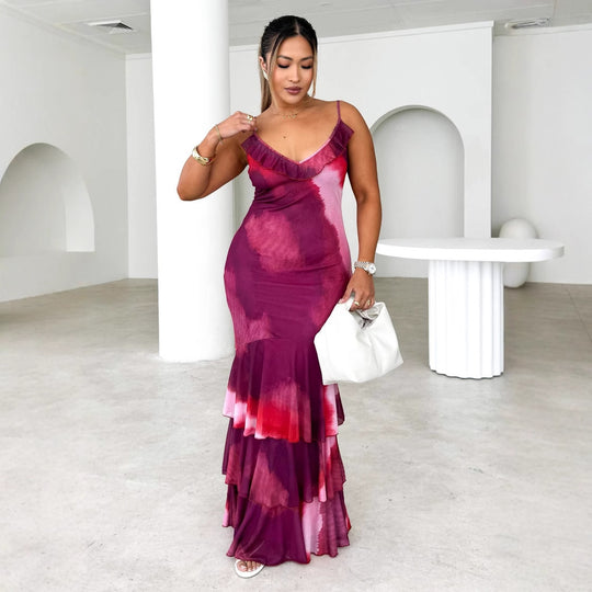 Damen Maxikleid mit eleganter Rüsche und fließendem Rock EB