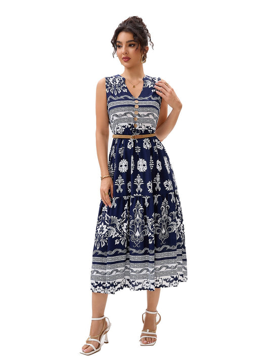 Damen Maxikleid mit dekorativem Knopfverschluss und floralem Muster EB