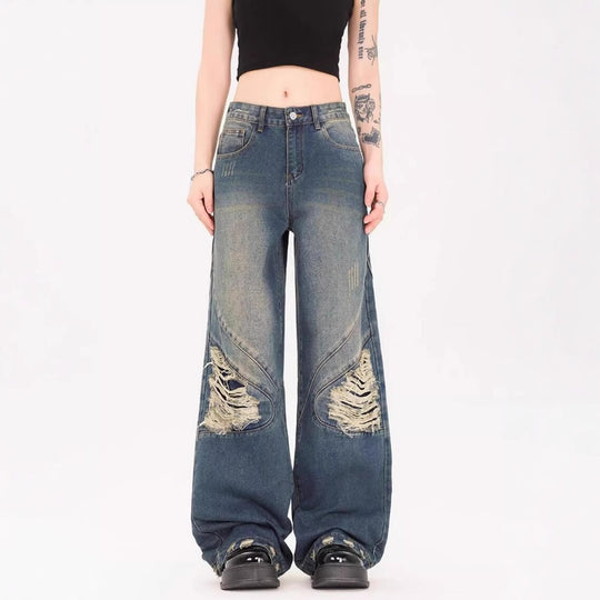 Damen Weite Jeans mit ausgefranstem Design und modischen Rissdetails EB