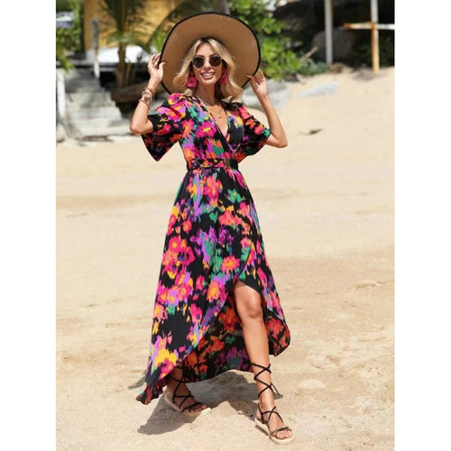 Damen Maxikleid mit elegantem Wickelausschnitt und floralem Design EB