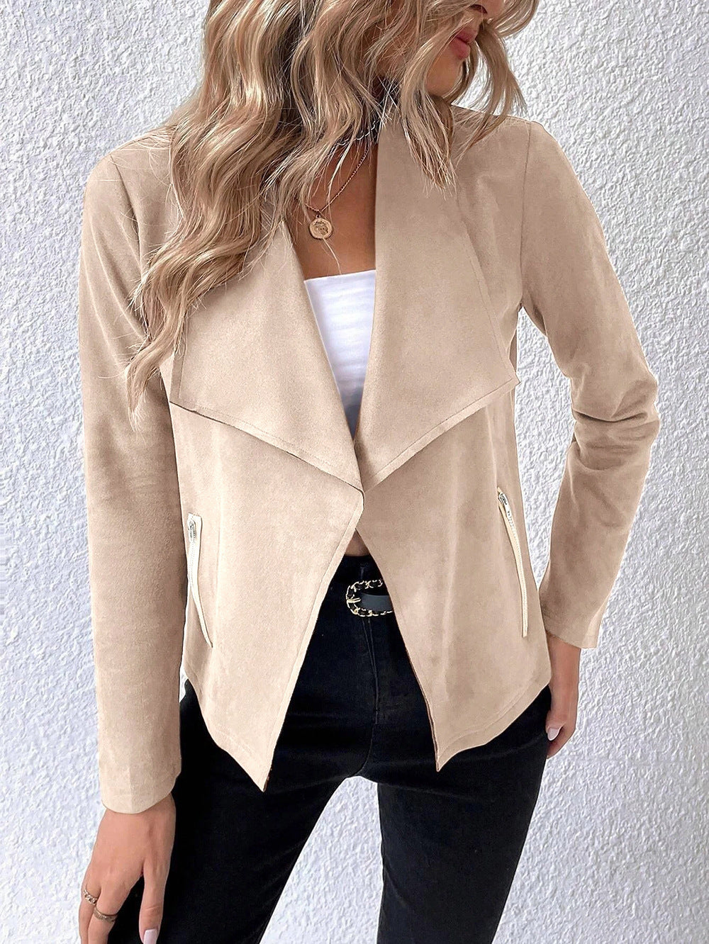 Damen elegante Veloursjacke mit asymmetrischem Revers und Reißverschlusstaschen EB