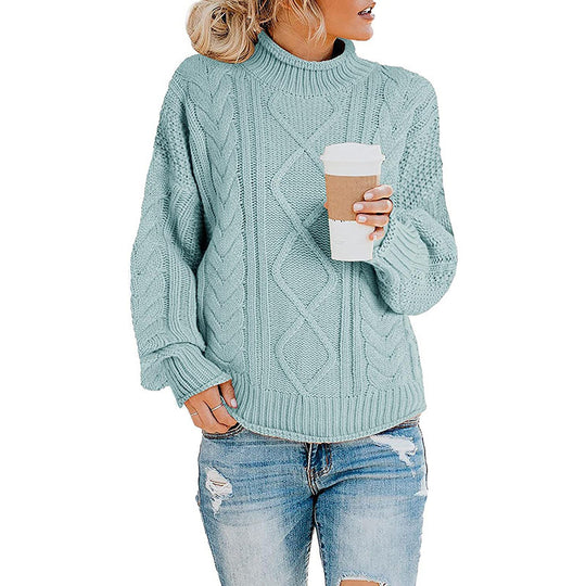 Damen Grobstrickpullover mit hohem Kragen und Bündchen EB