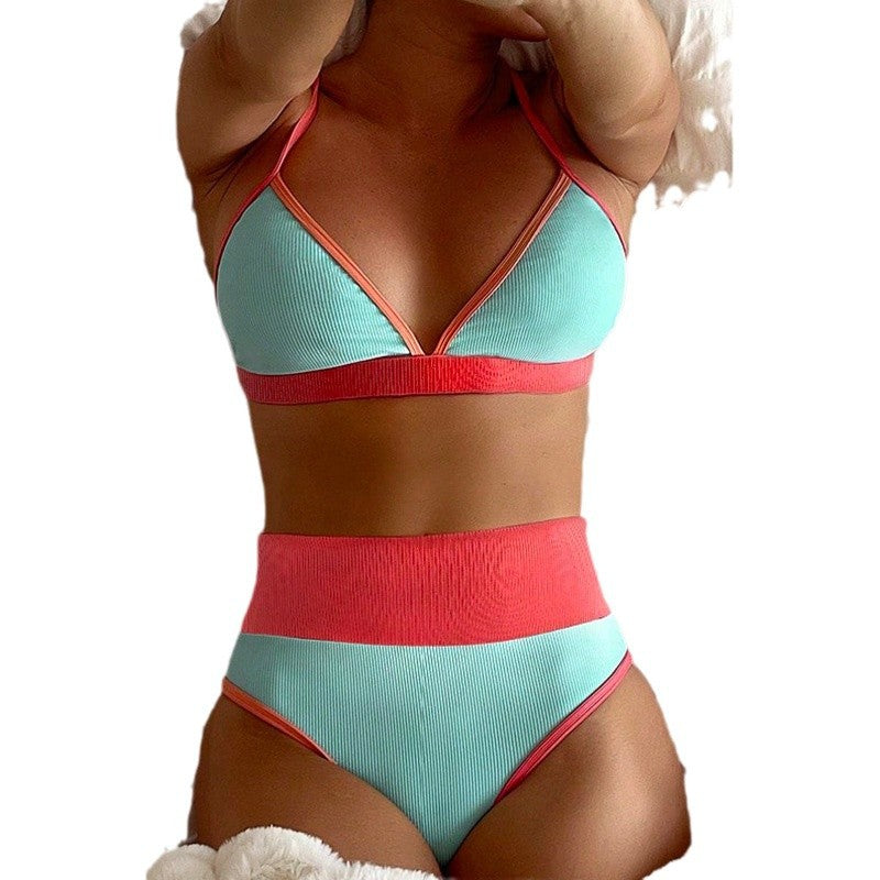Damen Hochgeschnittener Bikini mit farbenfrohem kontrastierendem Design EB