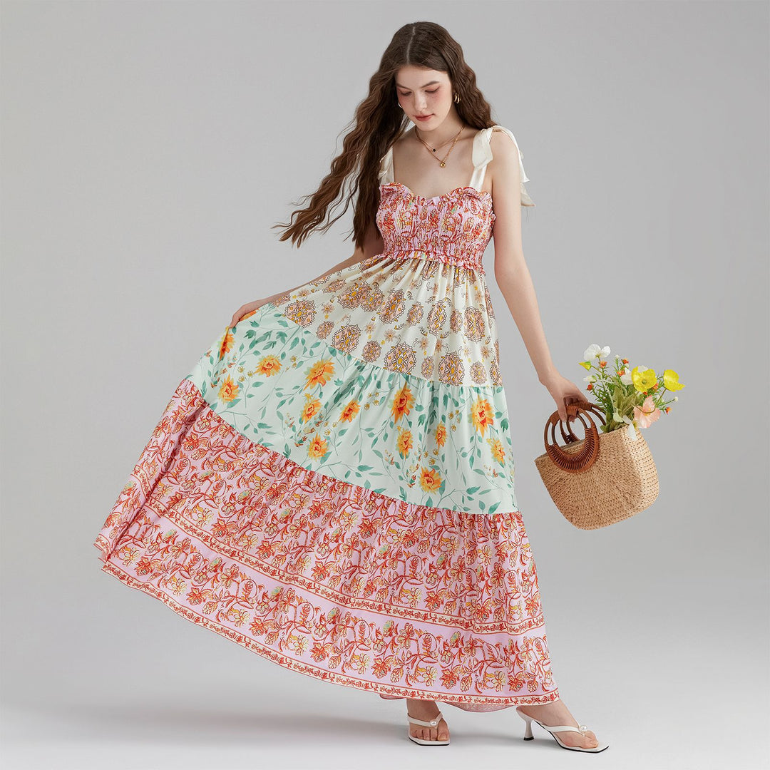 Damen Maxikleid mit floralen Falten und großzügigem A-Linien-Schnitt EB