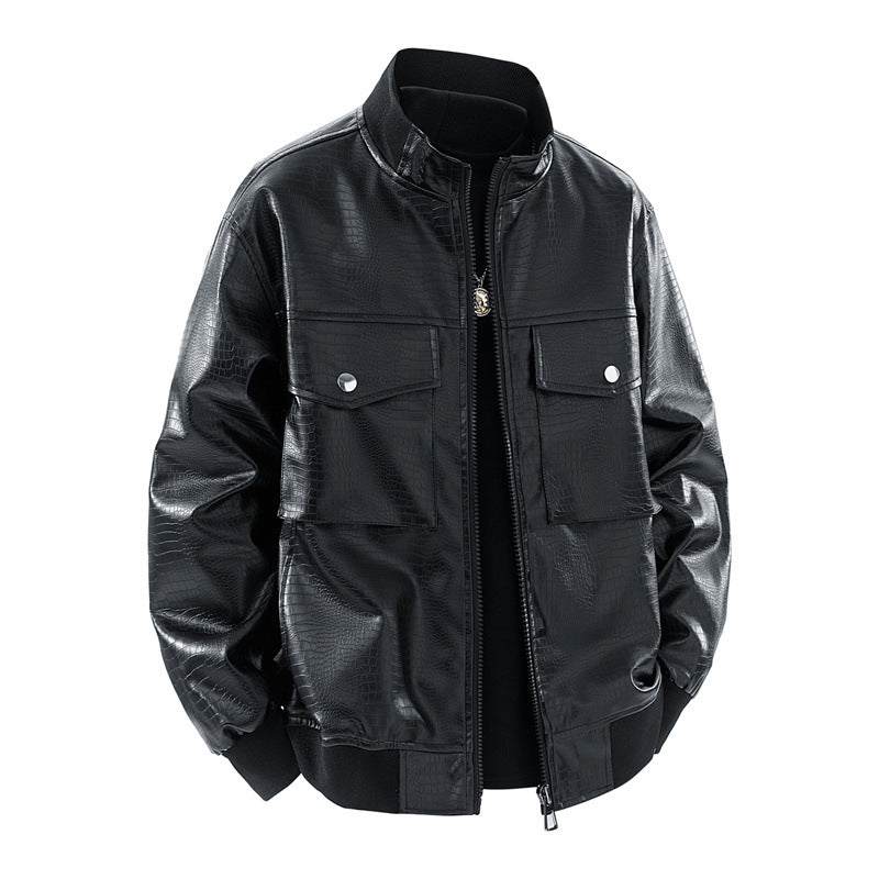 Herren Kunstleder Bomberjacke mit strukturiertem Design und praktischen Taschen EB